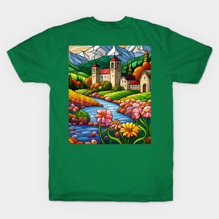 Stained Glass Colorful Mountain Village T-Shirt
